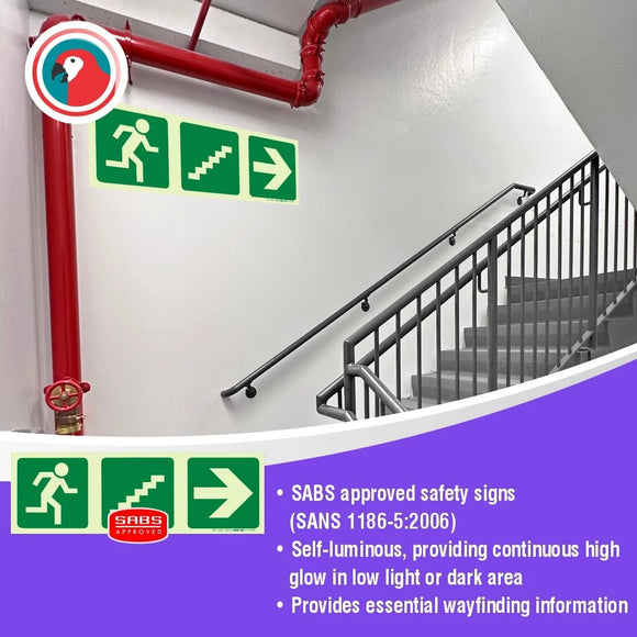 Parrot Photoluminescent 190mm Safety Sign -E18-Running Man+Stairs Going Up+Arrow Right - image 03