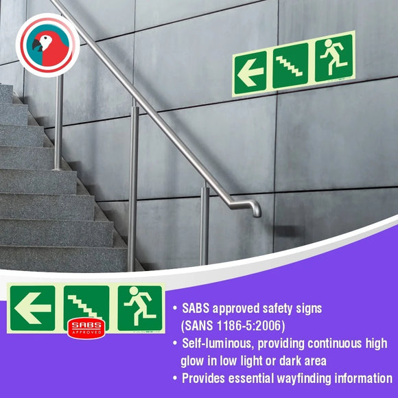 Parrot Photoluminescent 190mm Safety Sign -E19-Arrow Left+Stairs Going Up+Running Man - image 04