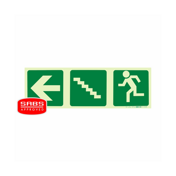 Image of Photoluminescent 190Mm Safety Sign -E19-Arrow Left+Stairs Going Up+Running Man