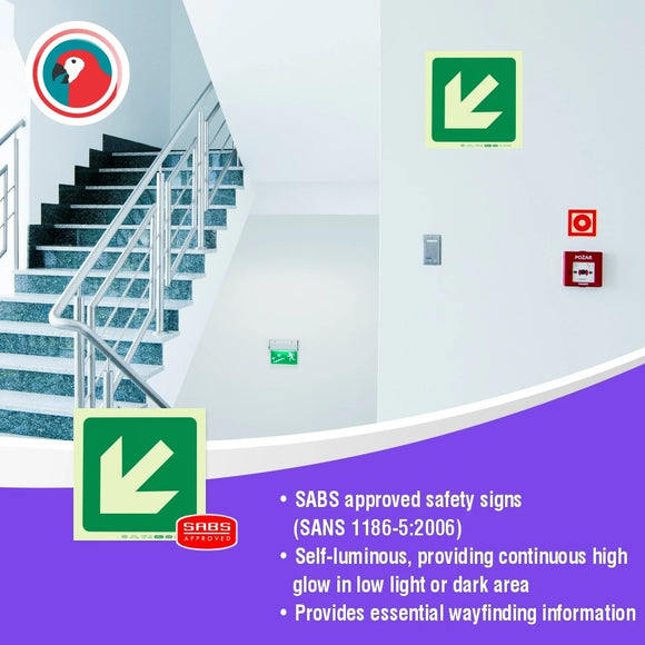 Parrot Photoluminescent 190mm Safety Sign -E30-Diagonal Arrow Down And Left - image 03