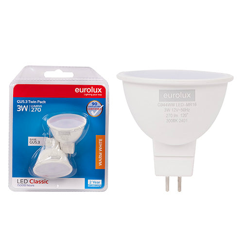 Eurolux LED MR16 Classic Frosted Lens 3w GU5.3 3000K Twin Pack N in Electrical & Lighting,Lighting,Globes & Tubes
