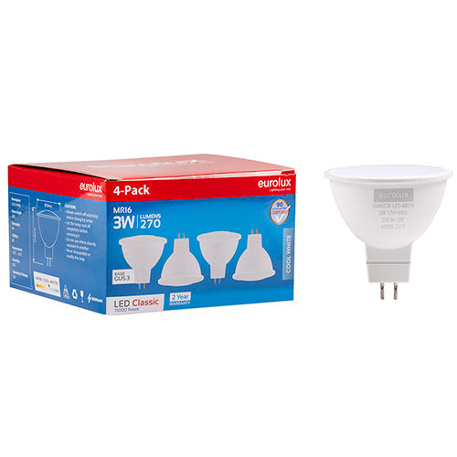 Eurolux LED MR16 Classic Frosted Lens 3w GU5.3 4000K 4 Pack N in Electrical & Lighting,Lighting,Globes & Tubes