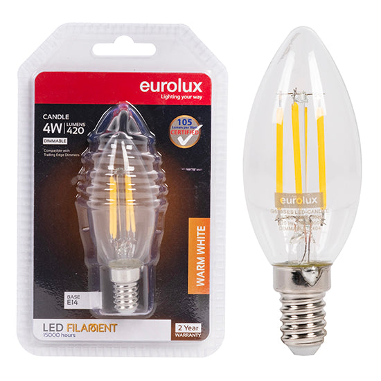 Eurolux LED Filament Globe Candle 4w E14 3000K Dimmable N in Electrical & Lighting,Lighting,Globes & Tubes