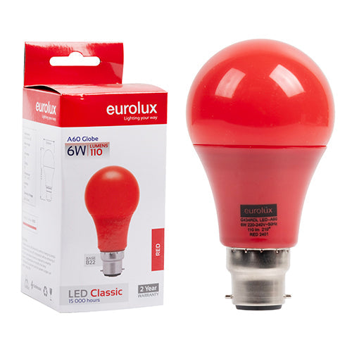 Eurolux LED Globe A60 Coloured Classic 6w B22 Red N in Electrical & Lighting,Lighting,Globes & Tubes