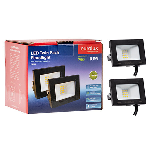 Eurolux LED 10w Floodlight Black 4000K Twin Pack in Electrical & Lighting,Lighting,Exterior Lighting