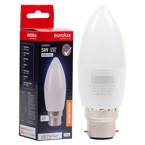 Eurolux LED Globe Candle Premium 5W B22 3000K Dimmable N in Electrical & Lighting,Lighting,Globes & Tubes