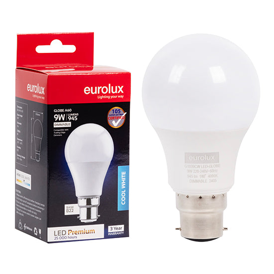 Eurolux LED Globe A60 Premium 9w B22 4000K Dimmable N in Electrical & Lighting,Lighting,Globes & Tubes