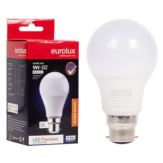 Eurolux LED Globe A60 Premium 9w B22 3000K Dimmable N in Electrical & Lighting,Lighting,Globes & Tubes