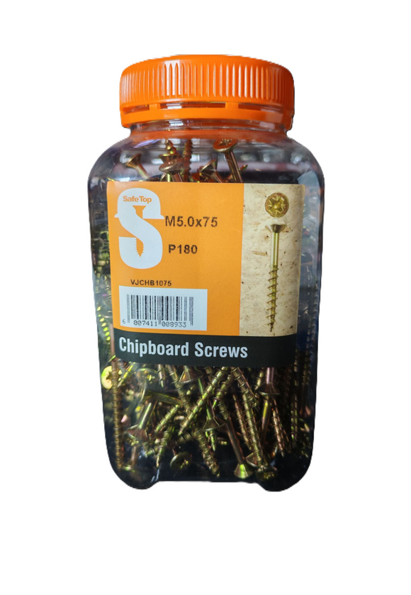 Safe Top Chipboard Screws M5.0X75 P180 Value Jar in Hardware Fasteners