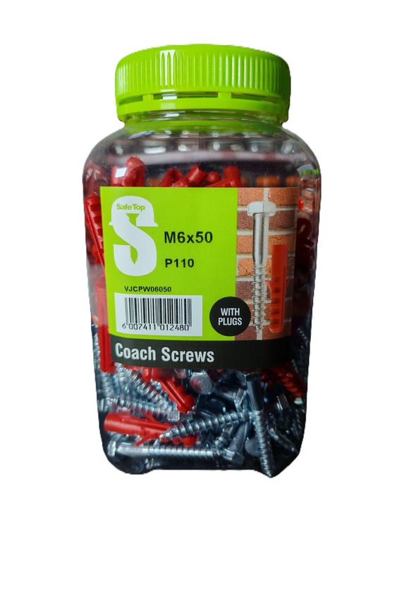 Safe Top Coach Screws & Plugs  M6X50 P110 Value Jar in Hardware Fasteners