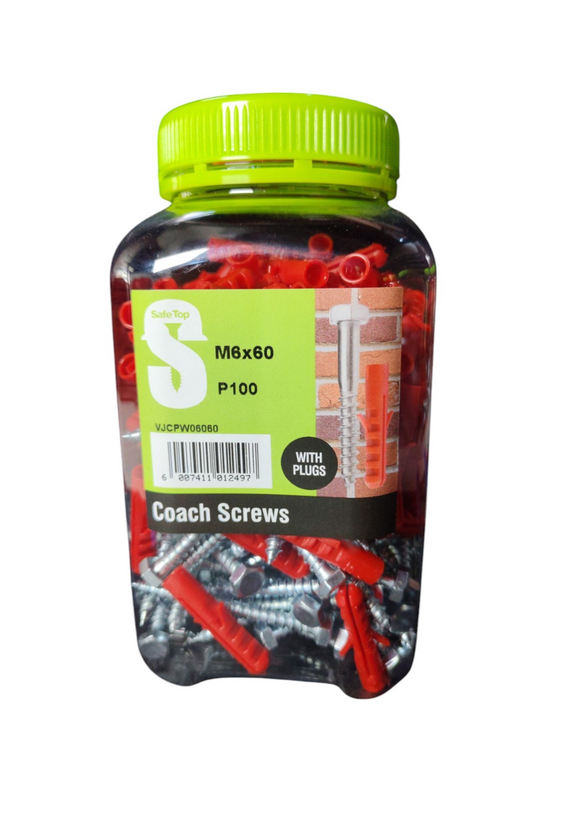 Safe Top Coach Screws & Plugs  M6X60 P100 Value Jar in Hardware Fasteners