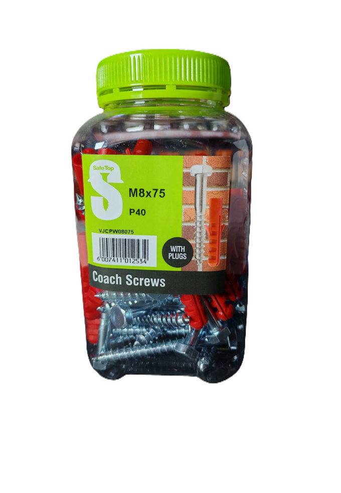 Safe Top Coach Screws & Plugs  M8X75 P40 Value Jar in Hardware Fasteners