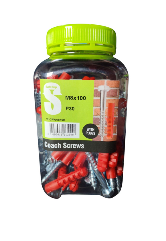 Safe Top Coach Screws & Plugs  M8X100 P30 Value Jar in Hardware Fasteners