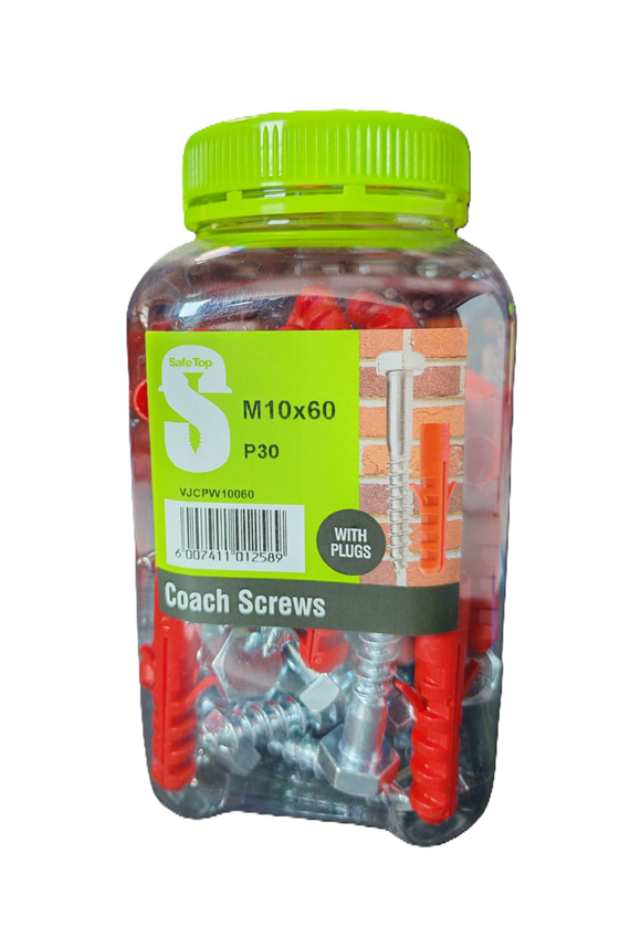 Safe Top  Coach Screws & Plugs M10X60 P30 Value Jar in Hardware Fasteners