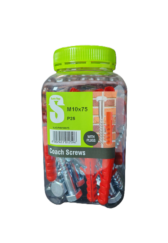 Safe Top  Coach Screws & Plugs M10X75 P25 Value Jar in Hardware Fasteners