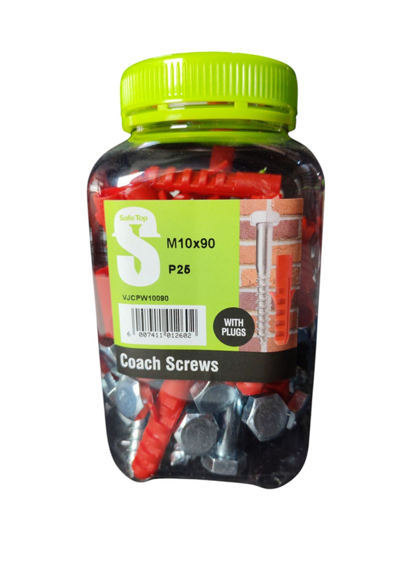 Safe Top  Coach Screws & Plugs M10X90 P25 Value Jar in Hardware Fasteners