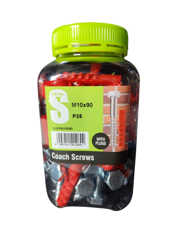 Safe Top  Coach Screws & Plugs M10X90 P25 Value Jar in Hardware Fasteners