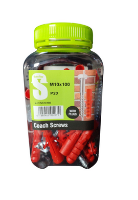 Safe Top  Coach Screws & Plugs M10X100 P20 Value Jar in Hardware Fasteners