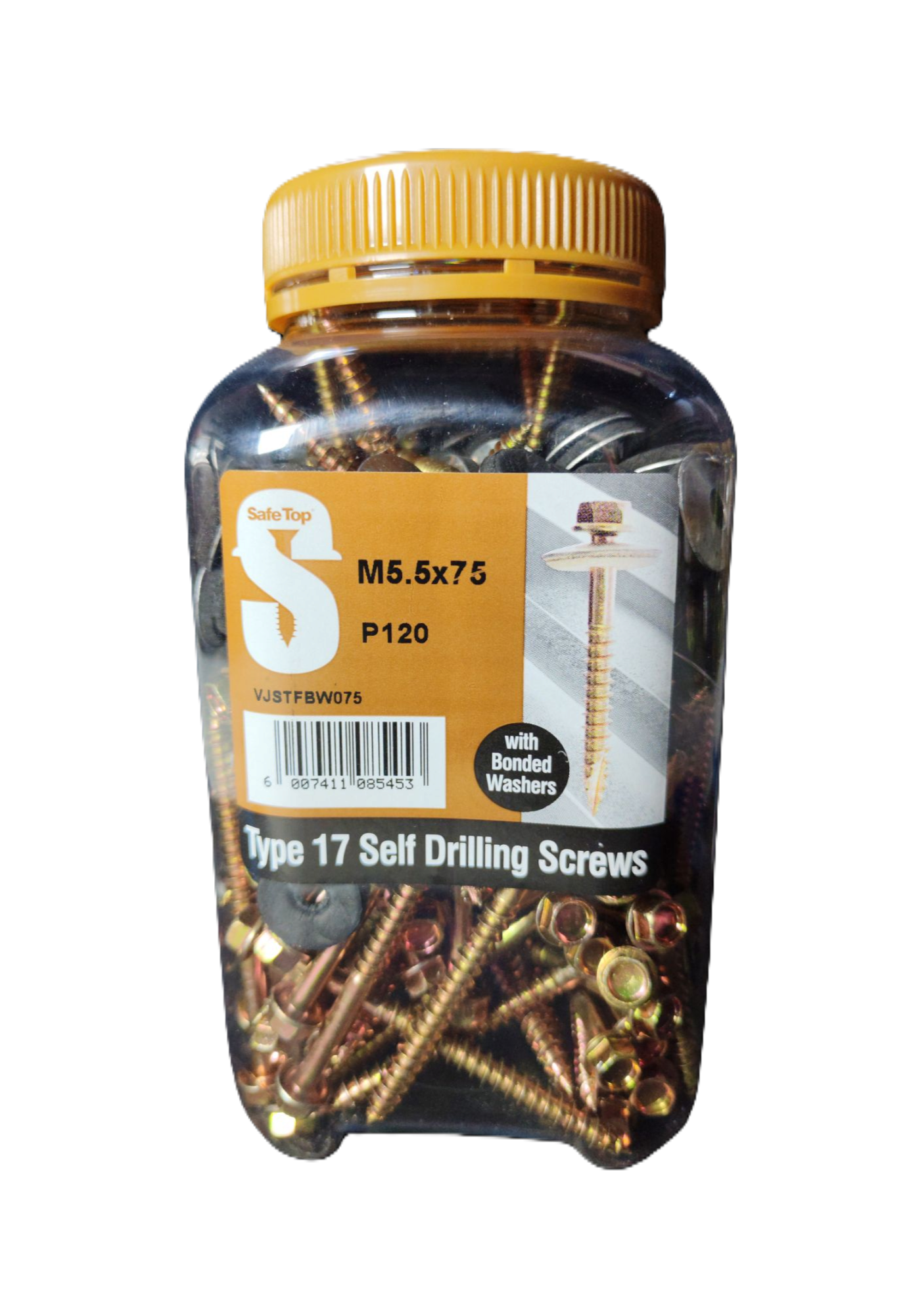 Safe Top No.17 Self Drill Screws & Bonded Washers M5.5X75 P120 Value Jar - 0