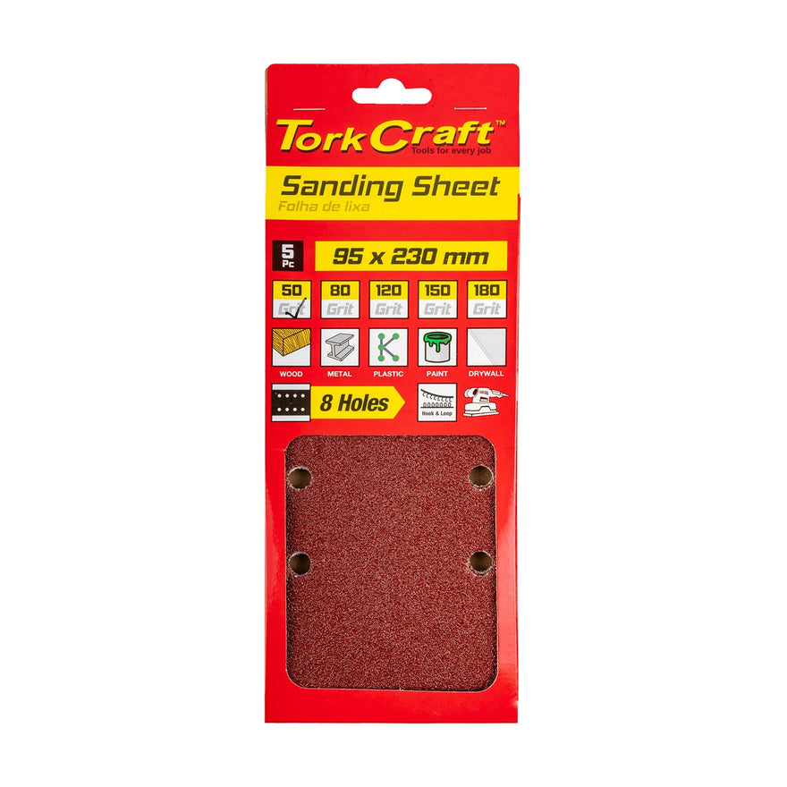 Tork Craft Sanding Sheet Orbital 95 X 230mm 50 Grit Plain With 8 Holes 5 Pack - image 01