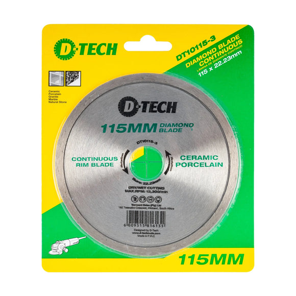 D-Tech Diamond Blade Continuous Rim 115 x 22, 23mm Ceramic/Porcelain - image 01