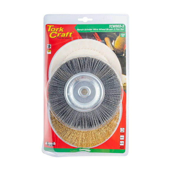 Tork Craft Bench Grinder Set 150mm 3pce 1 X Wire 1 X Buff 1 X Nylon Wheel - image 01
