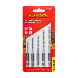 Tork Craft Drill Bit Set 5pcs HSS Half Ground Hex Shank 1.5/2.5/3/4/5mm POLished - image 01