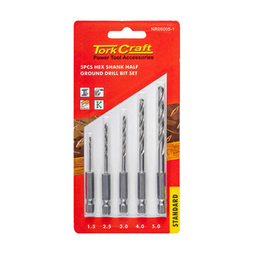 Tork Craft Drill Bit Set 5pcs HSS Half Ground Hex Shank 1.5/2.5/3/4/5mm POLished - image 01