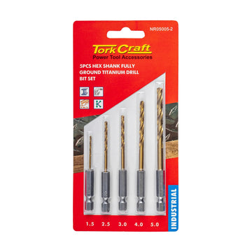 Tork Craft Drill Bit Set 5pcs HSS Fully Ground Titanium Hex Shank 1.5/2.5/3/4/5mm - image 01