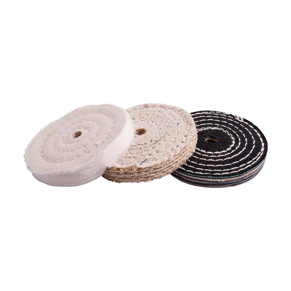 Tork Craft Buffing Wheel Kit 3pcs 100mm White & Denim Stiched & Sisal Polishing - image 01