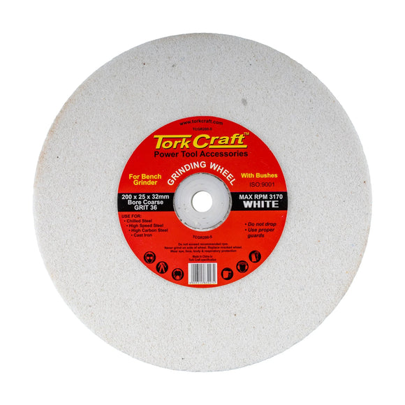 Tork Craft Grinding Wheel 200x25x32mm White Coarse 36 Grit with Bushes for Bench Grinders - image 01