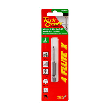 Tork Craft Glass & Tile Drill 3mm 4 Flute With Hex Shank - image 01
