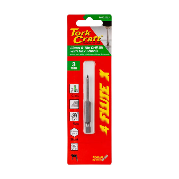 Tork Craft Glass & Tile Drill 3mm 4 Flute With Hex Shank - image 01