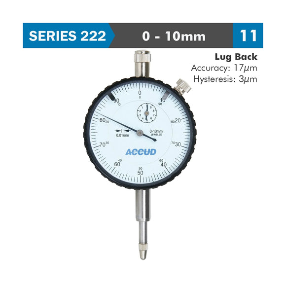Accud Dial Indicator 10mm 0.01mm Graduation Lug Back - image 01