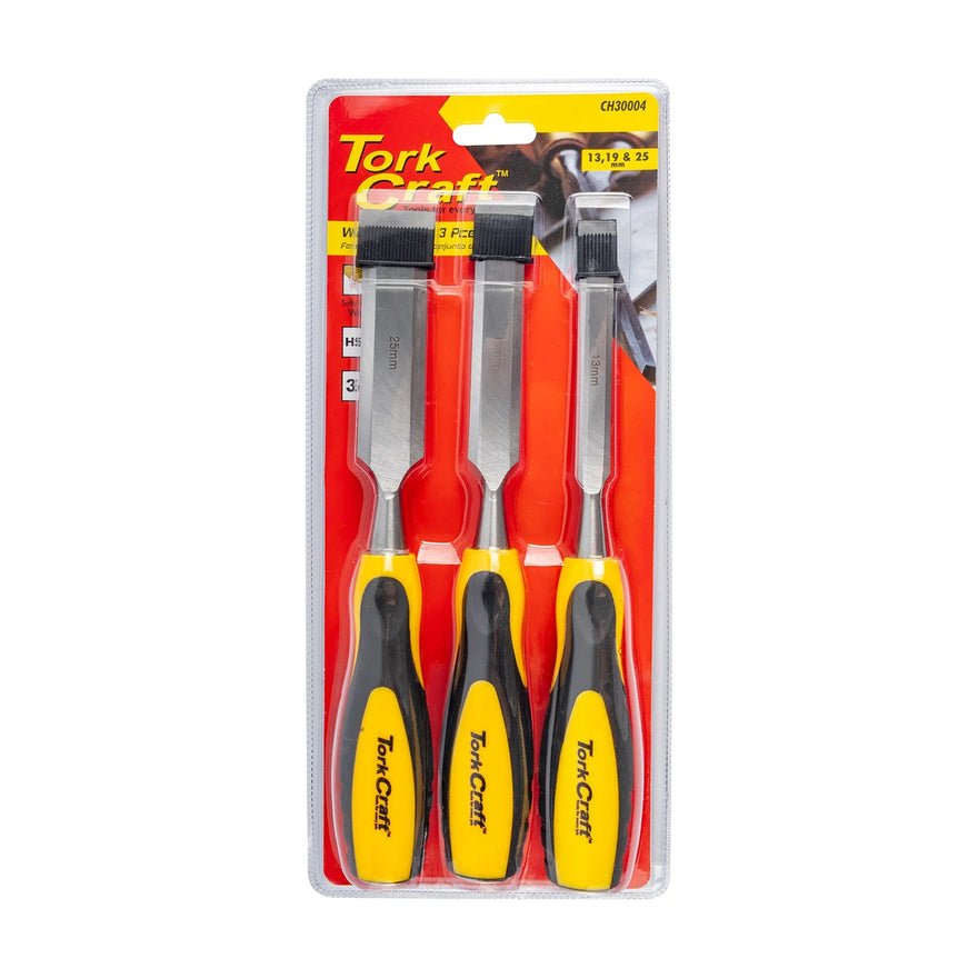Tork Craft Wood Chisel 140mm Blade 3pc 13/19/25 With Pvc Handle - image 01