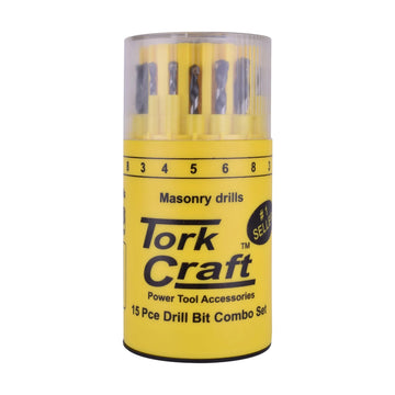 Tork Craft Drill Bit 15pc Set Combo Wood + Masonry + HSS In Plastic Container - image 01
