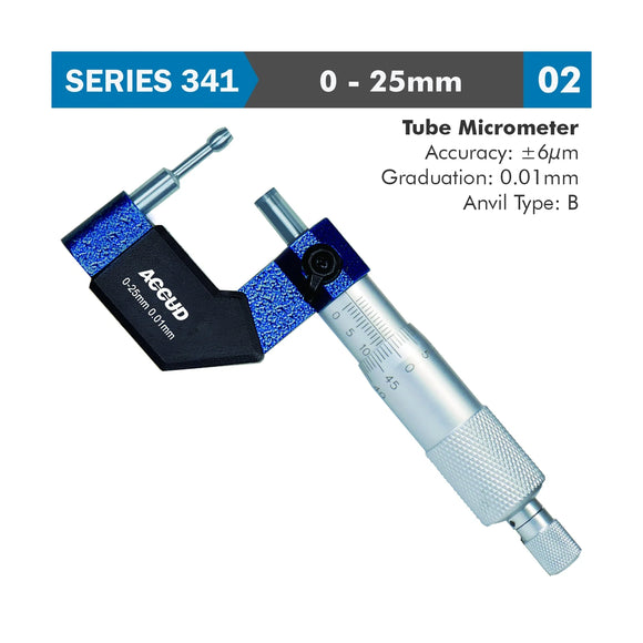 Accud Tube Micrometer 25mm 0.006mm Accuracy 8 x 3.4mm Anvil 0.01mm Graduation - image 01