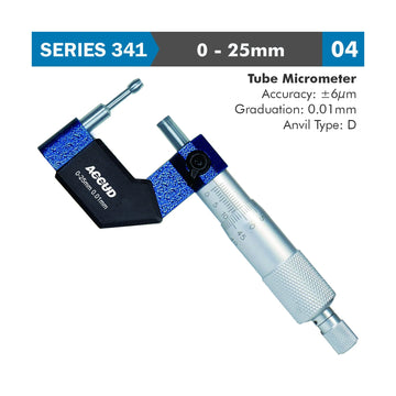 Accud Tube Micrometer 25mm 0.006mm Accuracy 16 x 4.6mm Anvil 0.01mm Graduation - image 01