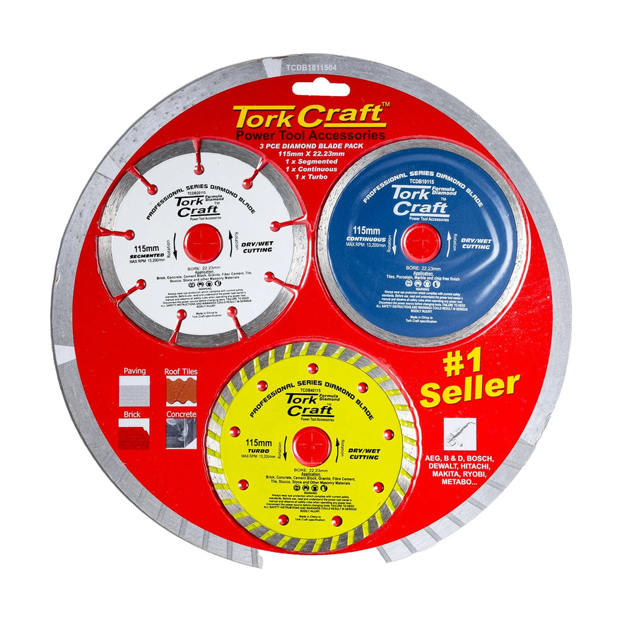 Tork Craft Diamond Blade 3pce Set 115 Continuos, Segmented, Turbo - image 01