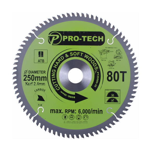 Pro-Tech TCT Circular Saw Blade 250 x 2.4 x 30mm 80T – Wood Cutting - image 01
