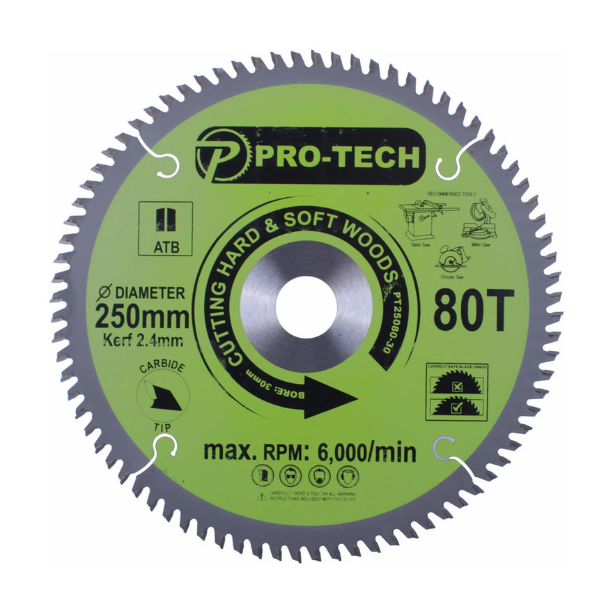 Pro-Tech TCT Circular Saw Blade 250 x 2.4 x 30mm 80T – Wood Cutting - image 01