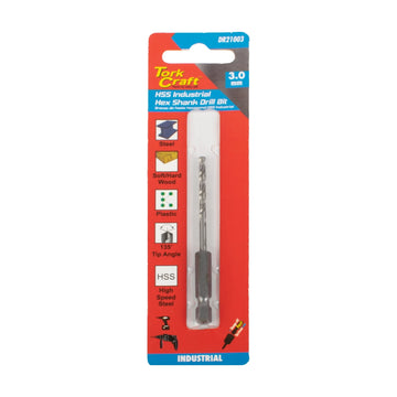 Tork Craft Drill Bit HSS 3.0mm 135deg Hex Shank Industrial Bit - image 01