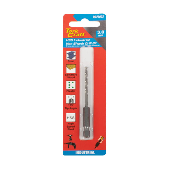 Tork Craft Drill Bit HSS 3.0mm 135deg Hex Shank Industrial Bit - image 01