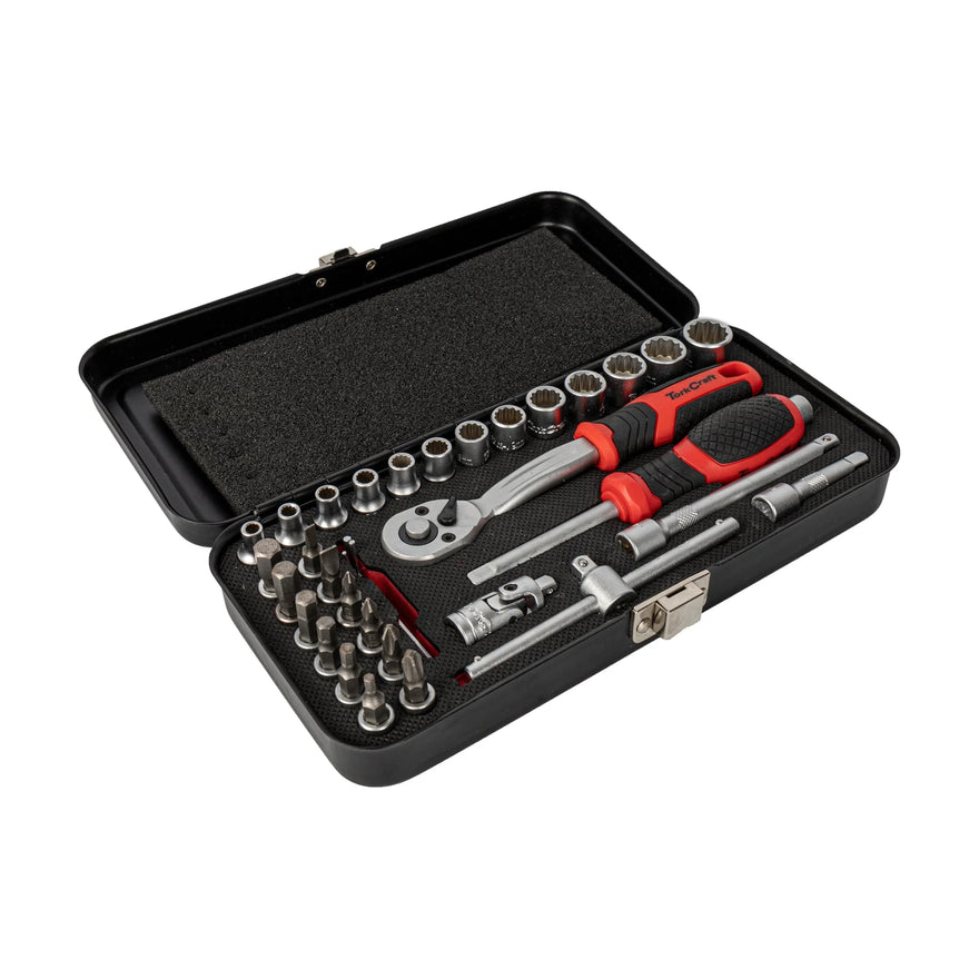 Tork Craft Socket & Ratchet Set 34pc 1/4' Dr CRV 4-14mm 12 Point Metal Case - image 01