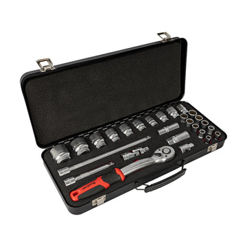 Tork Craft Socket & Ratchet Set 27pc 1/2' Dr CRV 8-32mm 12 Point Metal Case - image 01