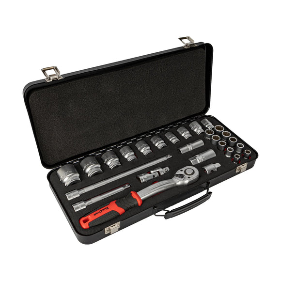 Tork Craft Socket & Ratchet Set 27pc 1/2' Dr CRV 8-32mm 12 Point Metal Case - image 01