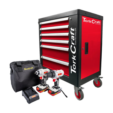 Tork Craft 6 Drawer Roller Tool Cabinet 184pc TC620050 + Drill & Impact Driver - image 01