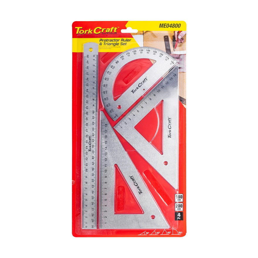 Tork Craft Protractor Ruler & 2 X Traingle Set 4pc - image 01