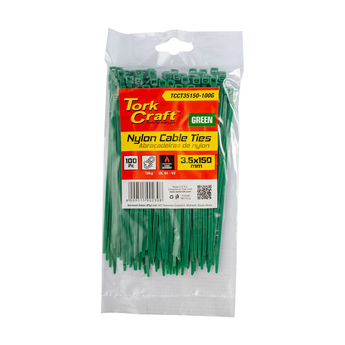 Tork Craft Nylon Cable Ties 3.5mm X 150mm Green 100pc - image 01