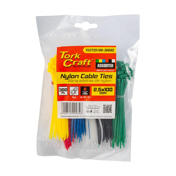 Tork Craft Nylon Cable Ties 2.5mm X 100mm 300pc Assorted Colours - image 01